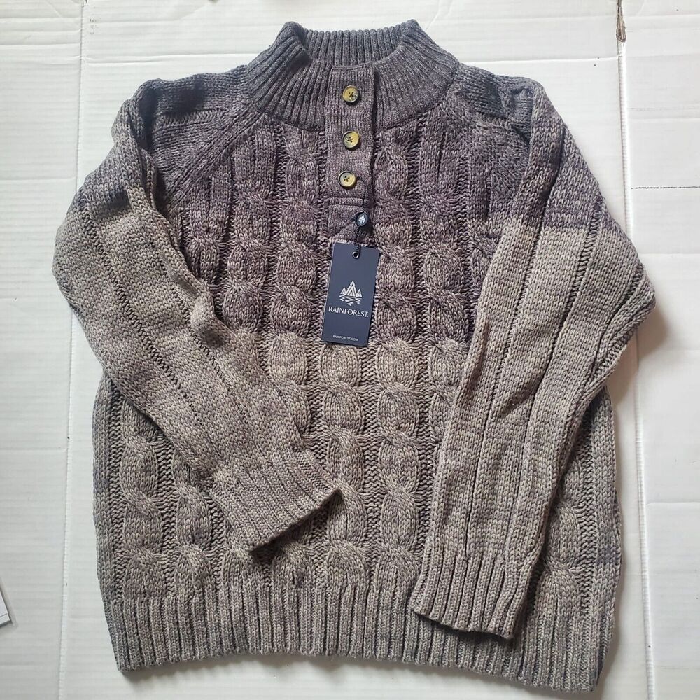 NEW NWT RAINFOREST MENS OMBRE CHUNKY KNIT CABLE HENLEY SWEATER MEDIUM MSRP $98